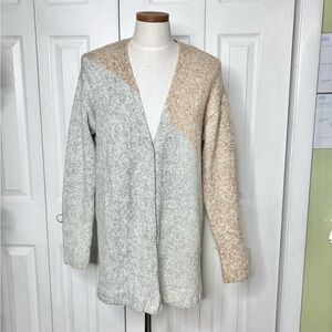 Cabi oversized asymmetrical two-tone longline cardigan, hidden snap placket